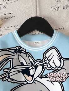 LOONEY TUNES X SHEIN 男童休闲字母兔子印花拼接条纹圆领卫衣，秋季款 - 白色 - 查看 3