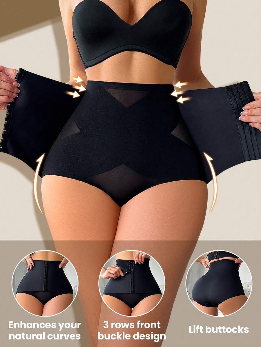 1件装女士高腰塑身短裤，强力收腰，性感网纱提臀塑形裤 - 黑色 - 查看 1