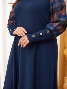 Lacomfia Plus Size Women Casual Knit Textured Round Neck Long Sleeve Patchwork Loose Fit Pullover Dress, Autumn/Winter - Multicolor - View 4