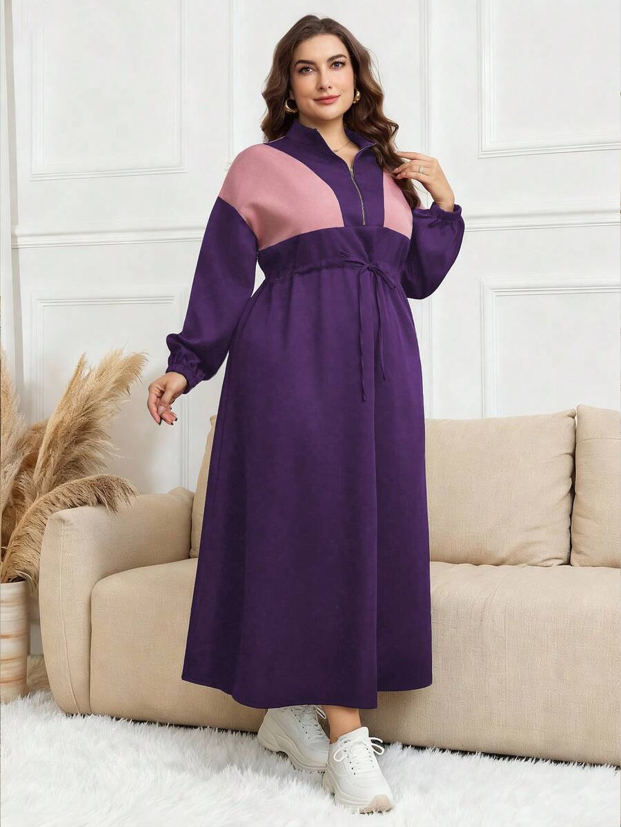 Modelyn 撞色抽绳腰带拉链落肩长款连衣裙女装 - 紫色 - 查看 1