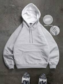 Manfinity Hypemode 男士字母图案口袋抽绳卫衣，宽松灰色连帽衫 - 灰色 - 查看 3