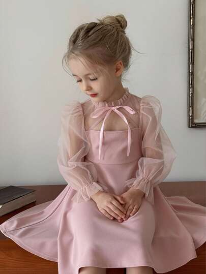 SHEIN Young Young Girl Solid Color Knit Mesh Puff Sleeve Snug Fit A-Line Frenchy Dress. Girls Pink Mesh Dress With Bow. Girls Special Occasion Dress, Pink Dress Girls,Casual Simplistic Comfortable Collared Puff Sleeve Mesh Patchwork Dress,Suitable For Wedding Season ,Christmas,Birthday Gift,Party Wear,Mom And Daughter & Sisters Matching.Back To School Season, ,