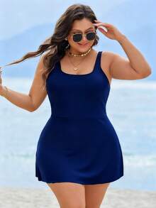 Swim Lushoire 2026夏季新款沙滩基础纯色方领加大码泳衣 - 藏蓝色 - 查看 4