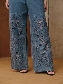 Anewsta 女士高腰优雅刺绣镂空宽松阔腿大码牛仔裤，适合春季、情人节、派对穿着 - 藍色 - 查看 3