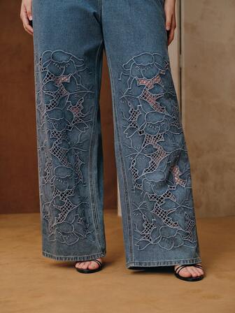 Anewsta Calça Jeans Reta Larga de Cintura Alta Moda Plus Size Bordada e Vazada