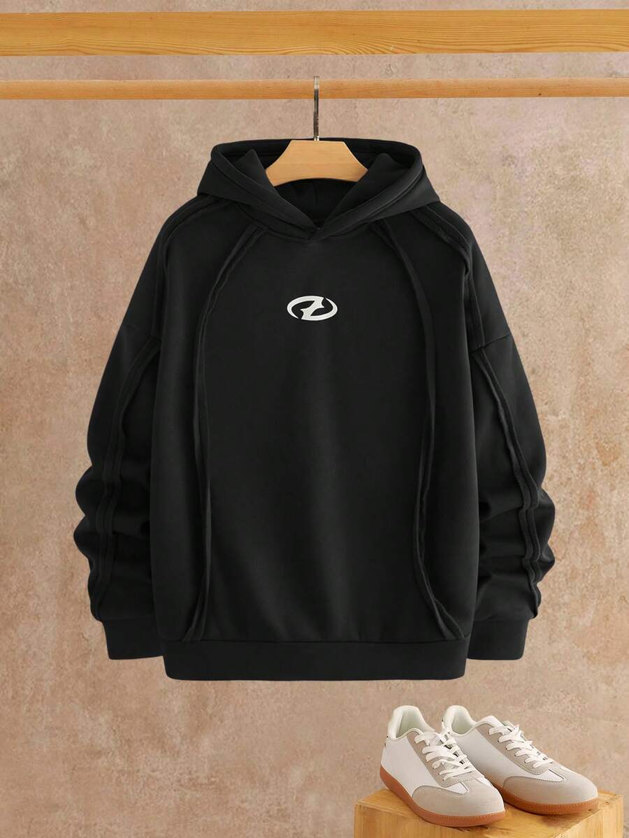 HIMLAND 男士连帽宽松长袖套头衫，秋冬款 - 黑色 - 查看 1