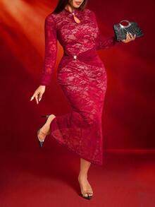 Roveilla Plus Size Women's Elegant Burgundy Autumn Lace Bodycon Maxi Dress,V-Neck Hollow Twist Luxury Cocktail Party Birthday Evening Curve Dress - Burgundy - View 8