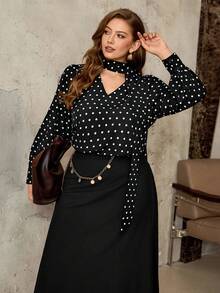 Roveilla 大码波点编织上衣和黑色半裙两件套，秋冬季休闲装 - 黑色 - 查看 6