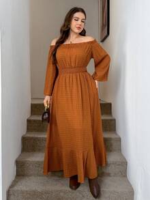 Zelara Vestido de moda de manga larga con cuello cuadrado y abertura lateral para mujer de talla grande - Marrón - Ver 5