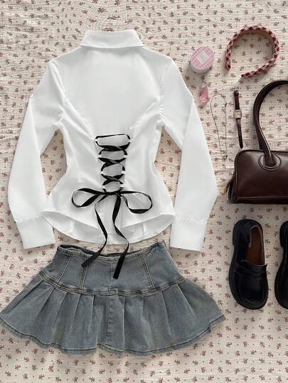 SHEIN EZwear Camisa feminina de manga comprida com ajuste e bainha assimétrica e cor contrastante