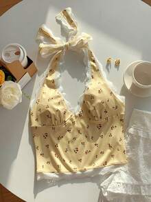 Comfortcana 女士性感碎花撞色蕾丝露背系带吊带背心，夏季度假风 - 黃色 - 查看 7