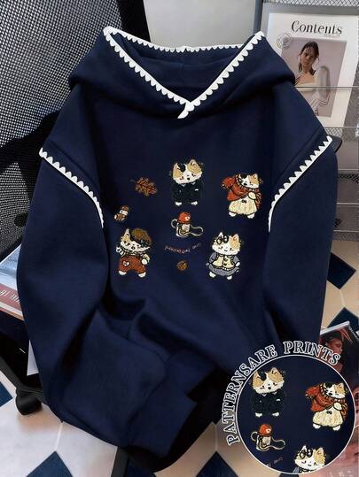 Resyla Women's Sweatshirts / Cute Kitten Prints / Casual, Simple, And Stylish Sweatshirts / Embroidery / Fashion Tops / Cartoon Sweatshirts / Retro Winter Sweatshirts / Loose-Fit Round-Neck Long-Sleeved Hoodies For Autumn And Winter / Women's Spring Pullovers, Fashion Sweatshirts, Women's Lace-Trimmed Contrast Hoodies, Long-Sleeved Tops, Autumn And Winter Hoodies