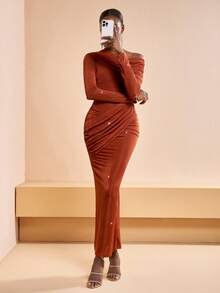 Zivah 2025 Autumn/Winter New Year, Valentine's Day, Party, Banquet, Date, Birthday Party, College Style, Student Wear, Daily Outing, Basic Versatile, Casual, Cruise Travel, Viral Hit, Elegant, Commute, Business Casual, Minimalist, Sexy Club, Asymmetrical Shoulder Long Sleeve, Waist & Hem Cinched, Hip Criss-Cross Ruched, Brown Shimmery Fabric, Formal Dress, Party Maxi Dress, Women's Dress - Brown - View 5