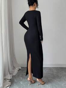 Modelyn Women's Elegant Hollow-Out Ribbed Knit Dress With Pearl Decor, Winter - Black - View 3