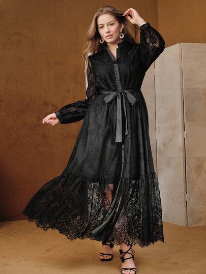  Valentine Anewsta Plus Size Elegant Mandarin Collar Lace Patchwork Cinched Waist A-Line Dress For Women