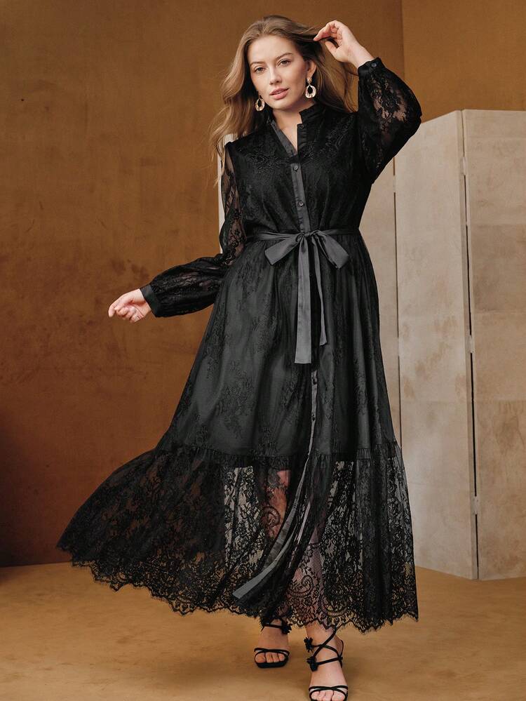 Valentine Anewsta Plus Size Elegant Mandarin Collar Lace Patchwork Cinched Waist A-Line Dress For Women