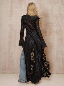 Glamine 浪漫度假风荷叶边薄纱长款轻薄外套，西部风格外衣，适合秋冬季、圣诞节、海滩等场合，尽显优雅波西米亚西部风情。 - 黑色 - 查看 2