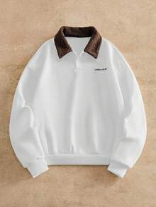 HIMLAND Men's Knit Casual Loose Fit Long Sleeve Pullover Sweatshirt, Fashion Streetwear Autumn/Winter Letter Embroidery Contrast Collar Sweatshirt, For Friends, Husband, Boyfriend Gifts