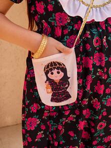 SHEIN 传统阿拉伯少女长袍，黑色底色，饰以复古红色花卉印花，配有彼得潘领、卡通图案和配套可爱小包，甜美时尚，适合日常穿着、节日庆典、拍照等各种场合，符合当下“花卉碰撞、趣味细节、整体造型”的少女流行趋势。 - 鏽棕色 - 查看 6