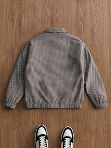 TOKVUE Chaqueta casual para hombre, chaqueta holgada con cremallera y estampado a cuadros de estilo callejero INS, adecuada para todas las estaciones, apropiada para festivales de música y combinación diaria, regalo para novio/esposo, Y2K - Caqui - Ver 2