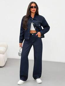 EURMUSE Plus Single-Breasted Regular Fit Casual Style Button Front Dark Blue Raw Wash Jacket & Jean Two Pieces Denim Set - Dark Wash - View 7