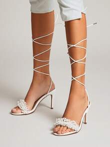 SHUZIA Women Pearl Beads Decor Everyday Chic Elegant Casual Party Cute PU White High Heeled Sandals Valentine's Day - White - View 2