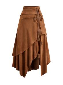 Sweetra Falda de ante vintage talla grande, falda A-line con cintura elástica y bajo asimétrico, otoño/primavera - Marrón - Ver 1