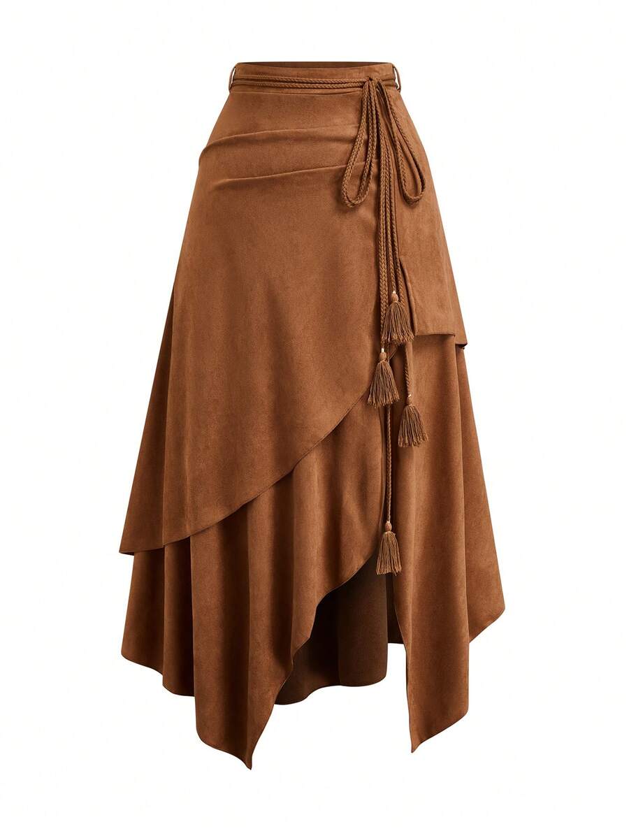 Sweetra Falda de ante vintage talla grande, falda A-line con cintura elástica y bajo asimétrico, otoño/primavera - Marrón - Ver 1