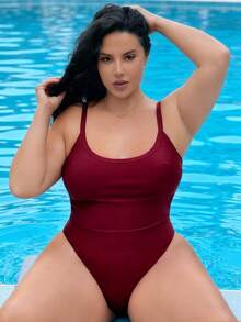 Slaysola Plus Size Solid Color Round Neck Spaghetti Strap One-Piece Swimsuit, Suitable For Summer Vacation, Pool, Beach - Burgundy - View 4