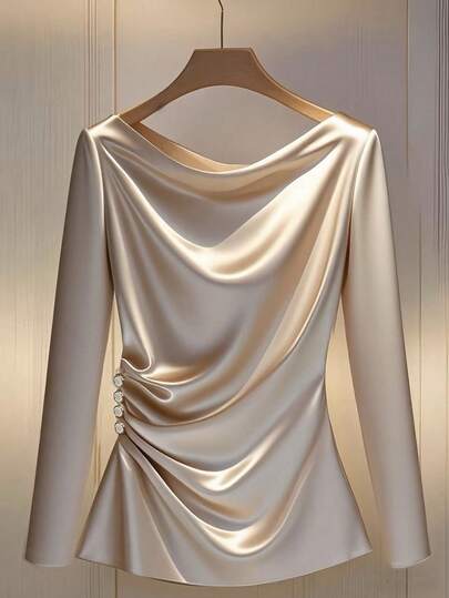 SHEIN PETITE Camisa Feminina de Manga Longa com Colarinho Drapeado Elegante, Babado Lateral e Botões