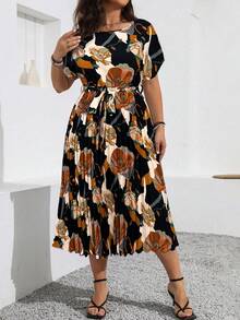 Vionelle Đầm Maxi Tay Cánh Dơi In Họa Tiết Mùa Hè Cỡ Lớn Có Viền Xếp Ly Cho Nữ - màu đen - Xem 3