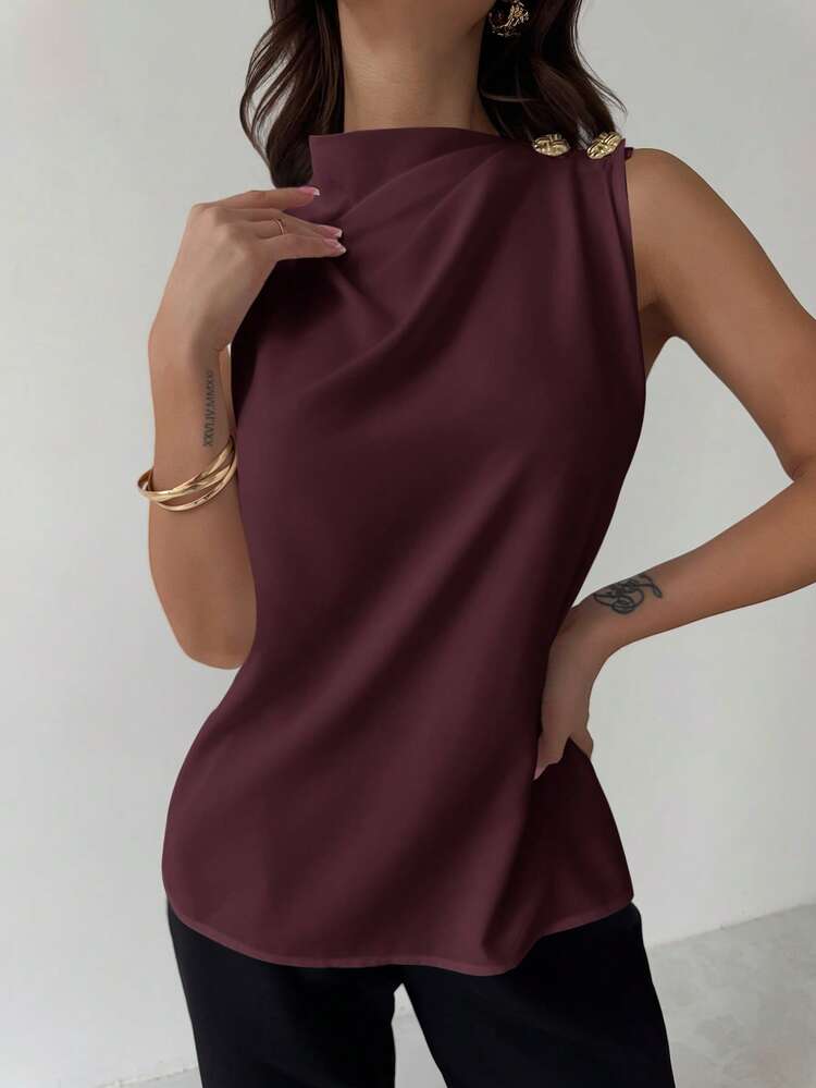 Firerie Asymmetric Pleated Collar Metal Button Sleeveless Fitted White Office Shirt, Elegant Everyday Commuter Style, Spring/Summer,Elegant Blouses For Women - Purple - View 7