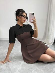 Elenzga 女士短袖休闲撞色二合一衬衫裙 - 彩色 - 查看 5