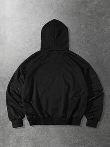 ROMWE MEN Men's Casual Rhinestone Letter & Flame Pattern Zip-Up Hoodie Sweatshirt, Autumn - Black - View 3