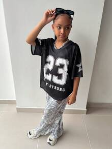 Áo nỉ rộng in chữ và số SLAYR KIDS thời trang đường phố thường ngày cho bé gái tuổi teen, Xuân/Hè - màu đen - Xem 3