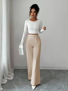 Elenzga Women's Bamboo Fabric Waist Front Overlay Buckle Design Elegant Teacher Uniform Professional Casual Pants, Thanksgiving, Halloween Essential Versatile Loose Flowy Straight Leg Pants - Khaki - View 6