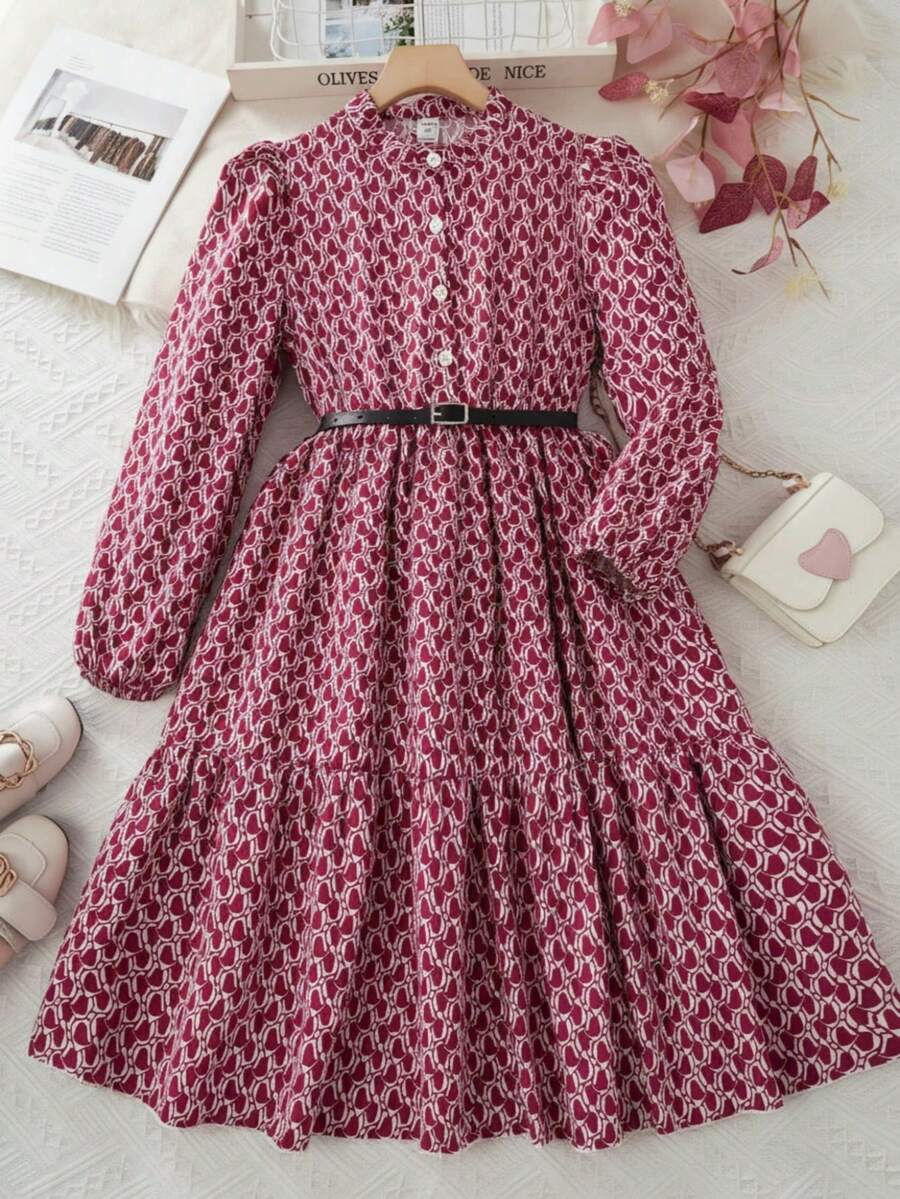 SHEIN 少女花卉泡泡袖返校禮服 秋季女童洋裝 - 彩色 - 查看 1
