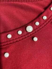 SHEIN Maglietta a maniche lunghe con collo rotondo e decorazione di perle, moda donna - Rosso - Visualizzare 3