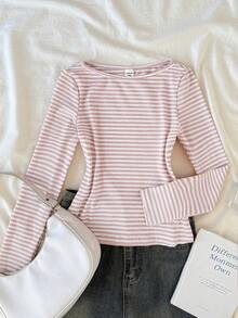 Tween Girl Boat Neck Striped Long Sleeve Casual Versatile T-Shirt - Baby Pink - View 1