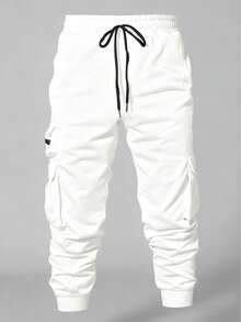 Manfinity Homme Men's Casual Drawstring Waist Flap Pocket Cuffed Jogger Pants, Fashionable For Daily Commute And Street Wear - White - View 3