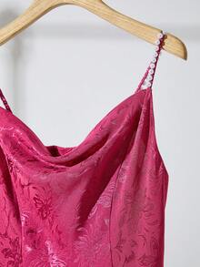 Franclia 女士优雅缎面A字长款连衣裙，饰有珍珠，适合圣诞节、新年、派对、春节、通勤、度假等场合，圆领，酒红色 - 玫紅色 - 查看 4