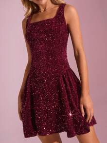 SHEIN Glamour Women's Fashionable Party Solid Color Sequin Square Neck Waist Cinched Short Dress - Burgundy - View 3