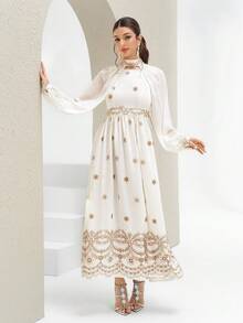 Al Najma Women's Contrast Color Printed Long Sleeve Arabic Style Dress  Arabic-Style Long Kaftan Robe, Arabic Women's Dress, Turkish Dress, Abaya Robe, Traditional Women's Dress Arabic Style Long Dress Kaftan Jalabiya Dress Arabic Dress For Women Turkish Dress Abaya Dress Abaya For Women Summer Dress   White Dresses For Women - Beige - View 4