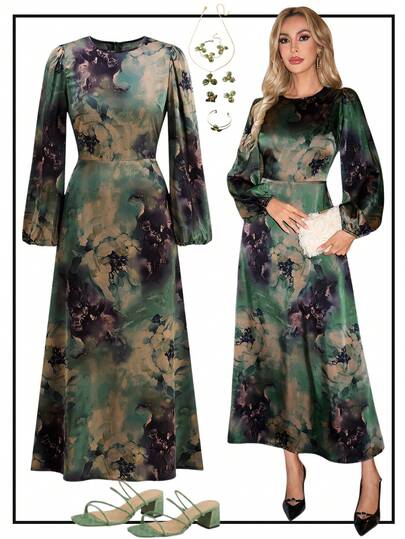 Ellevyn Women's Tie-Dye Print Round Neck Lantern Sleeve Elegant Long Dress  Dark Green Floral Print Long Dress, Tie-Dye Print, High-End Long-Sleeved Party Dress, Evening Dress, Festival Dress With A High-End Waist.  Floral Dress  Green Dress