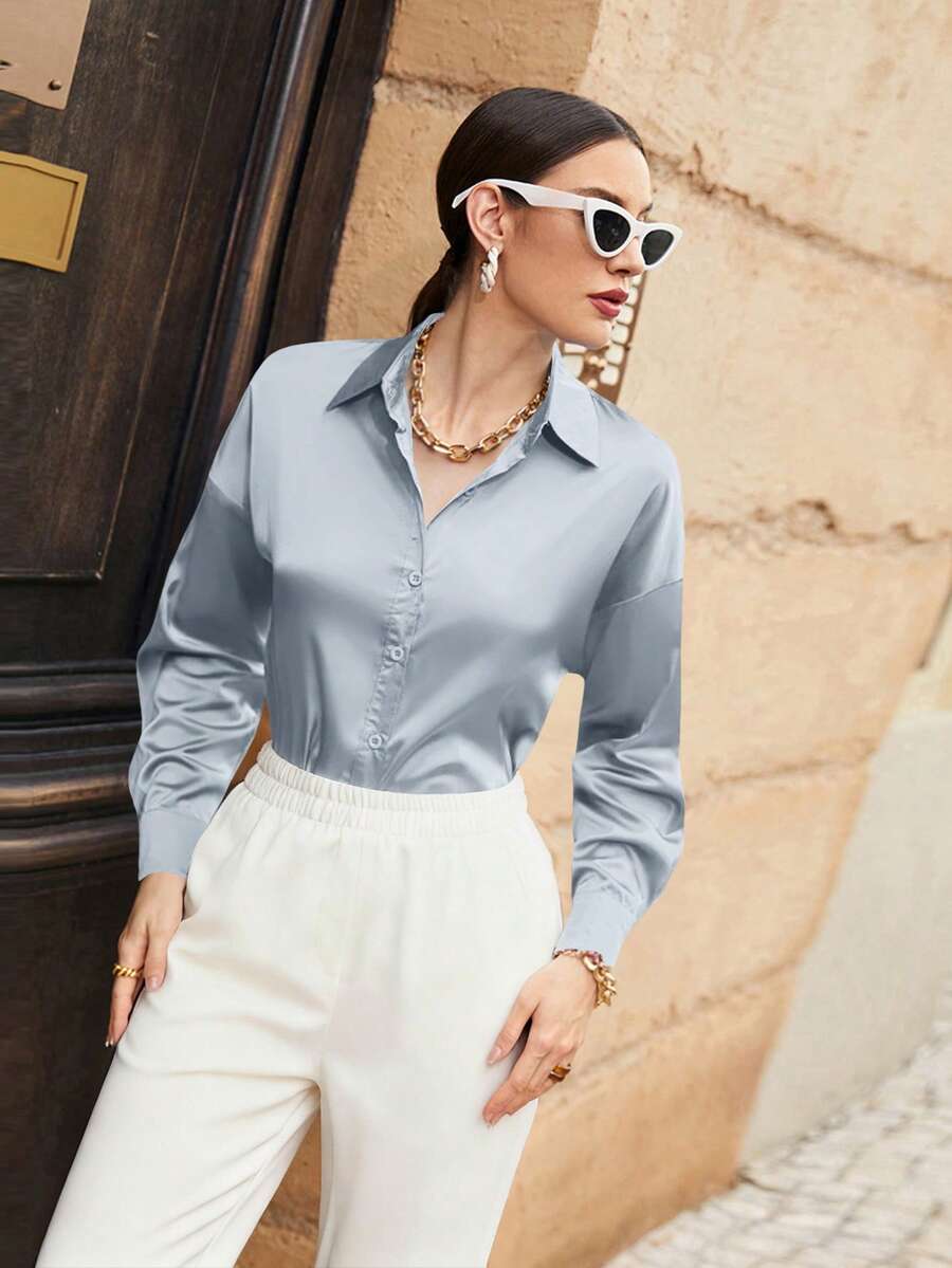 Modelyn Áo sơ mi dài tay màu đỏ Burgundy dành cho nữ - Màu xanh nhạt - Xem 1