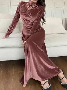 Feyla 女士撞色蕾丝立领长袖褶皱优雅连衣裙长款晚礼服 - 粉色 - 查看 6