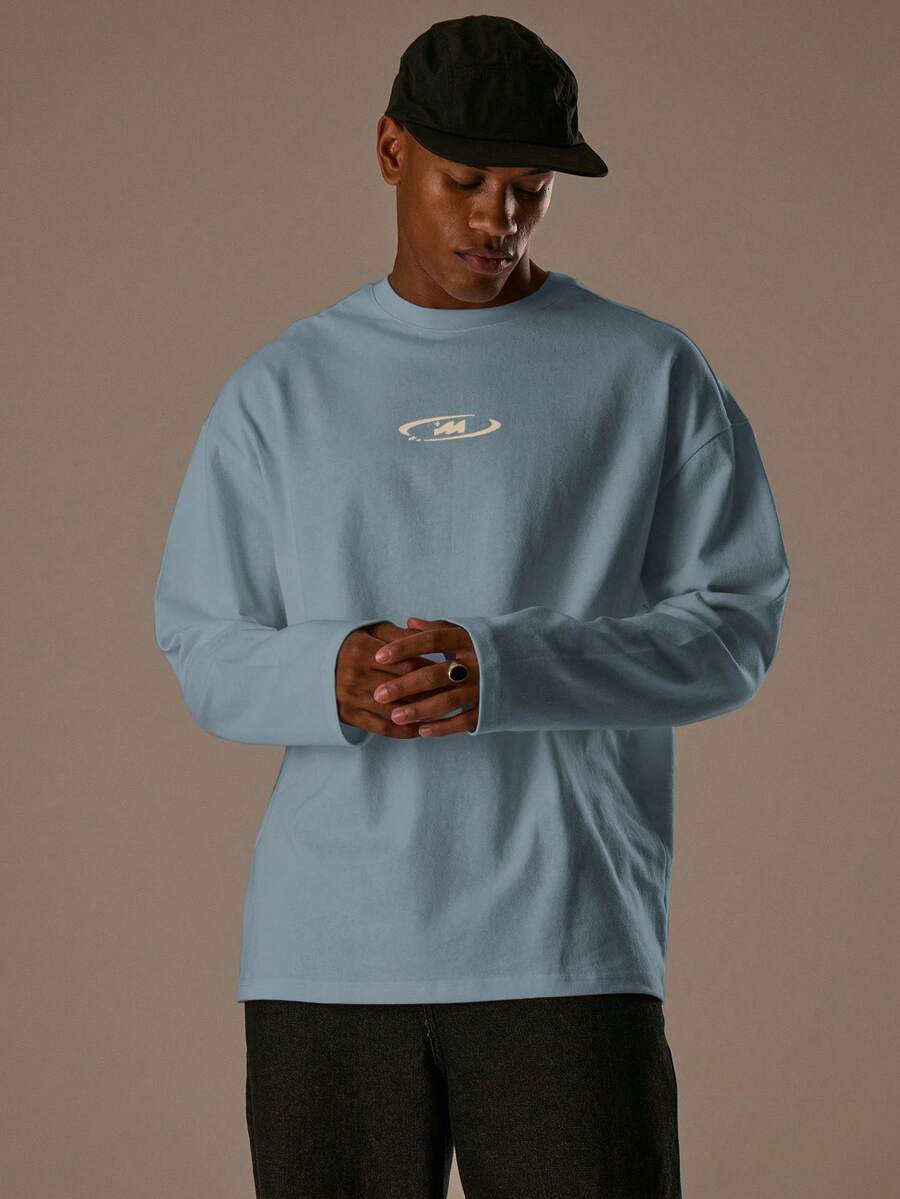 Musero 男士宽松圆领印花长袖上衣 春夏款 - 霧霾藍 - 查看 1