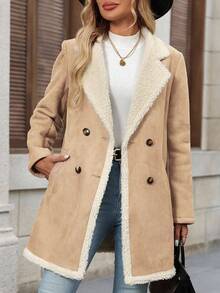 SHEIN Clasi 女士毛绒拼接前扣简约休闲常规外套（秋冬季款） - 杏色 - 查看 4