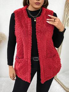 SHEIN LUNE Áo vest hở hai túi phía trước họa tiết lông mềm mại cỡ lớn dành cho nữ, thích hợp mặc vào mùa thu, quần áo thu cỡ lớn - Đỏ - Xem 1