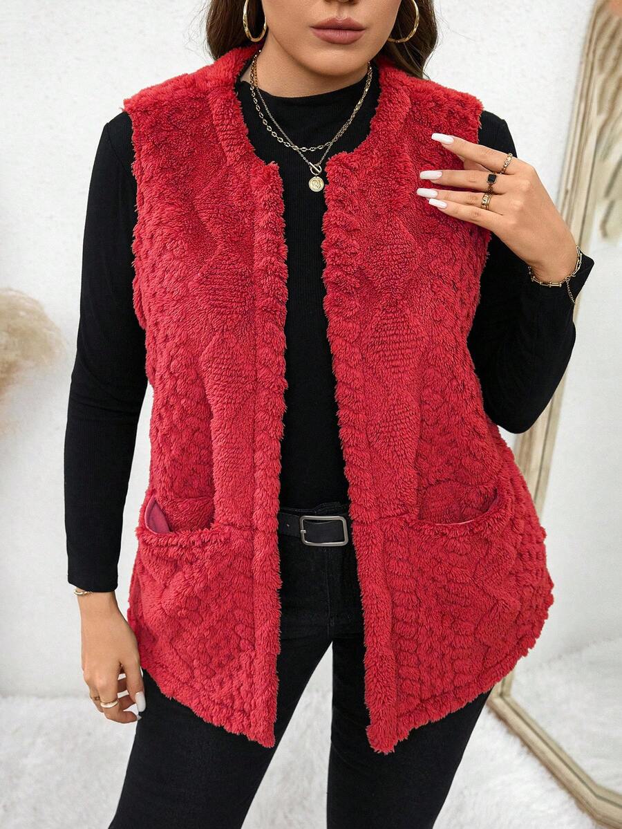 SHEIN LUNE Áo vest hở hai túi phía trước họa tiết lông mềm mại cỡ lớn dành cho nữ, thích hợp mặc vào mùa thu, quần áo thu cỡ lớn - Đỏ - Xem 1